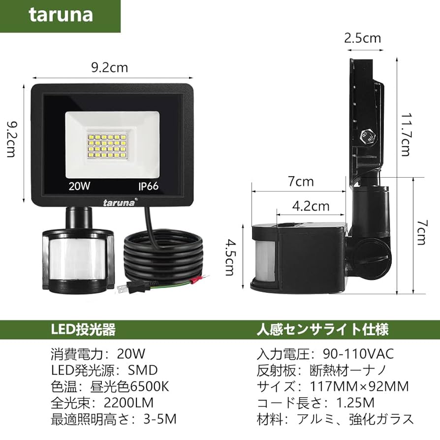 Amazon.co.jp : taruna センサーライト 20W LED投光器 屋外 人感